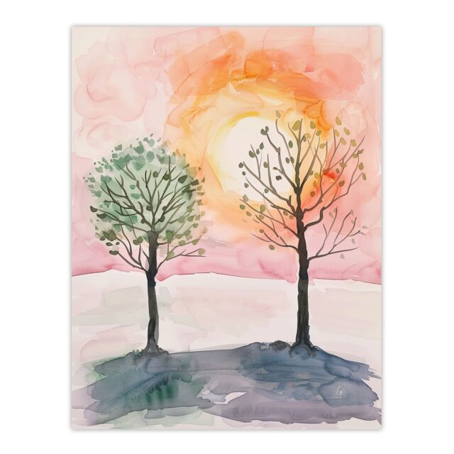 "Artery8 Two Summer Trees in Pink Orange Sunset Landscape Wall Art Print - Size: W12"" x H16""" - image 1