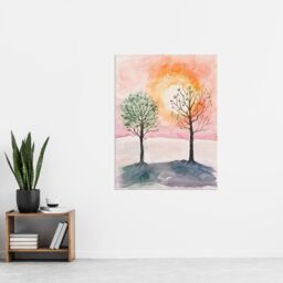 "Artery8 Two Summer Trees in Pink Orange Sunset Landscape Wall Art Print - Size: W12"" x H16""" - thumbnail 4