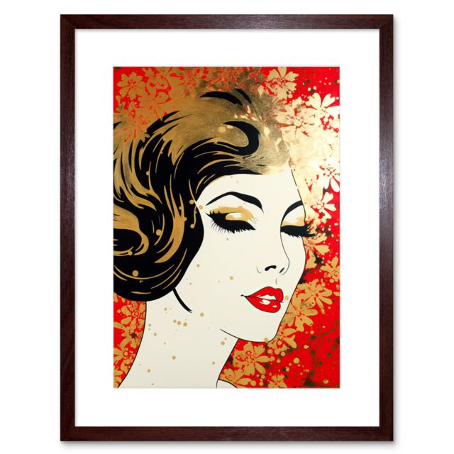 "Artery8 Wall Art Print Woman Face Retro Glam Aesthetic Gold Flower Pattern Red Linocut Portrait Teen Room Artwork Framed 9X7 Inch - Size: W7"" x H9""" - image 1