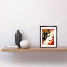 "Artery8 Wall Art Print Woman Face Retro Glam Aesthetic Gold Flower Pattern Red Linocut Portrait Teen Room Artwork Framed 9X7 Inch - Size: W7"" x H9""" - thumbnail 2