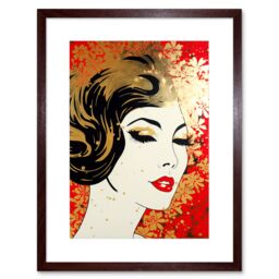 "Artery8 Wall Art Print Woman Face Retro Glam Aesthetic Gold Flower Pattern Red Linocut Portrait Teen Room Artwork Framed 9X7 Inch - Size: W7"" x H9""" - thumbnail 1
