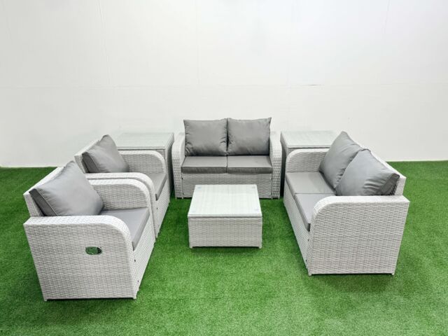 Fimous 6 Seater Outdoor Reclining Chair Love Sofa Set Rattan Garden Furniture Set with Square Coffee Table 2 Side Tables Light Grey - image 1