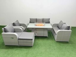 Fimous PE Rattan Garden Furniture Set Reclining Chair Sofa Double Love Seat 2 Seater Sofa Lounge Set Firepit Dining Table Big Footstool Light Grey - thumbnail 2