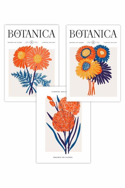 ARTZE Set of 3 Bright Orange & Blue Flower Market Art Posters - Size: W50 cm x H70 cm - image 1