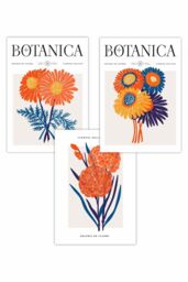 ARTZE Set of 3 Bright Orange & Blue Flower Market Art Posters - Size: W50 cm x H70 cm - thumbnail 1
