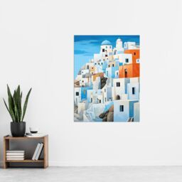 Artery8 Santorini Greece Watercolour Painting Whitewashed Buildings Of Greek Island In Aegean Sea Extra Large XL Unframed Wall Art Poster Print - thumbnail 4