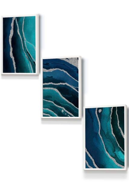 ARTZE Abstract Teal Blue Silver Strokes Framed Wall Art - Small in White - Size: W33 cm x H45 cm x D20mm - image 1