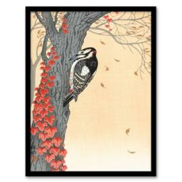 Artery8 Koson Framed Wall Art Great Spotted Woodpecker on Tree With Red Ivy in Orange - Size: A4 - thumbnail 1