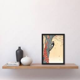 Artery8 Koson Framed Wall Art Great Spotted Woodpecker on Tree With Red Ivy in Orange - Size: A4 - thumbnail 2