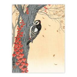 Artery8 Koson Framed Wall Art Great Spotted Woodpecker on Tree With Red Ivy in Orange - Size: A4 - thumbnail 3