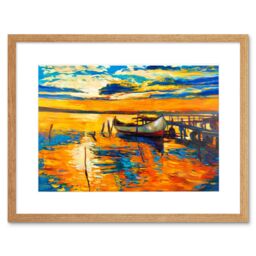 "Artery8 Wall Art Print Boat Pier Sunset Ocean Framed in Beige - Size: W7"" x H9""" - thumbnail 1