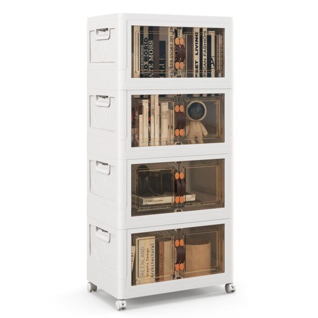 Costway 4 Pack Stackable Storage Cabinet Folding Home Organizer Lockable Wheels 44 Gal in White - image 1
