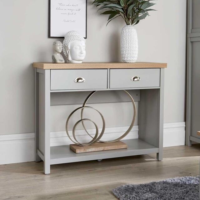 Home Source Console Table 2 Drawer Telephone Table 36mm Oak Top Hallway Storage in Grey - image 1