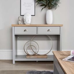 Home Source Console Table 2 Drawer Telephone Table 36mm Oak Top Hallway Storage in Grey - thumbnail 7