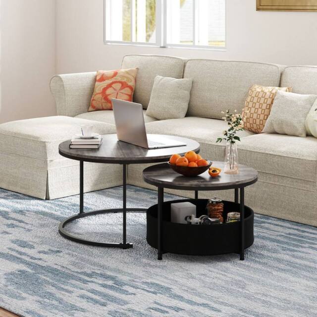 Costway 2PCS Round Coffee Tables Modern 80 & 60 CM Cocktail Tables Side Tables in Grey - image 1