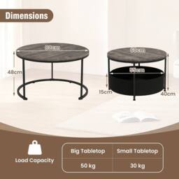 Costway 2PCS Round Coffee Tables Modern 80 & 60 CM Cocktail Tables Side Tables in Grey - thumbnail 5