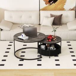 Costway 2PCS Round Coffee Tables Modern 80 & 60 CM Cocktail Tables Side Tables in Grey - thumbnail 2