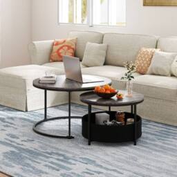 Costway 2PCS Round Coffee Tables Modern 80 & 60 CM Cocktail Tables Side Tables in Grey - thumbnail 1