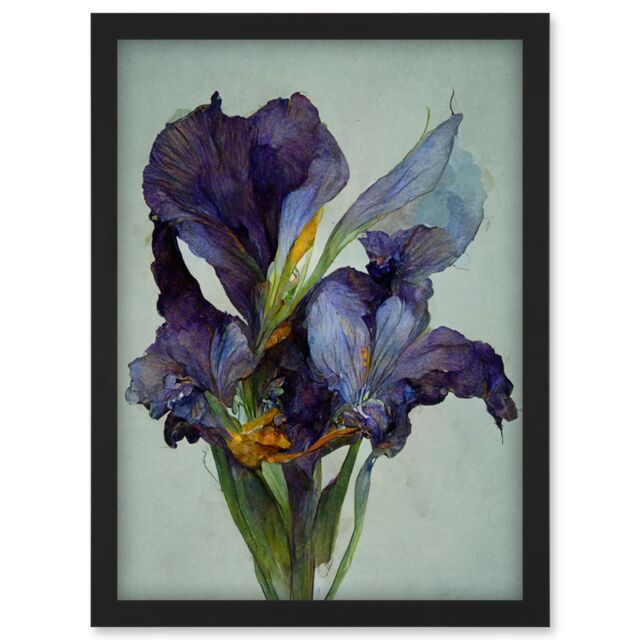 Artery8 Iris Floral Modern Watercolour Artwork Framed Wall Art Print A4 in Black - image 1