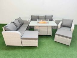 Fimous 9 Seater Poly Rattan Outdoor Garden Furniture Firepit Dining Table Sofa Set Patio 3 Seater Sofa Reclining Chair 3 Seater Sofa 2 Big Footstools - thumbnail 2