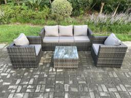 Outdoor Lounge Sofa Set Wicker PE Rattan Garden Furniture Set with Armchair Squar Coffee Table Dark Grey Mixed