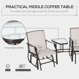 OUTSUNNY Outdoor Double Glider Rocking Chairs w/ Glass Top Middle Table, Metal Gliding Love Seat Conversation Furniture w/ Breathable Mesh Fabric - thumbnail 4