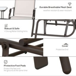 OUTSUNNY Outdoor Double Glider Rocking Chairs w/ Glass Top Middle Table, Metal Gliding Love Seat Conversation Furniture w/ Breathable Mesh Fabric - thumbnail 5