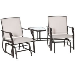 OUTSUNNY Outdoor Double Glider Rocking Chairs w/ Glass Top Middle Table, Metal Gliding Love Seat Conversation Furniture w/ Breathable Mesh Fabric - thumbnail 2