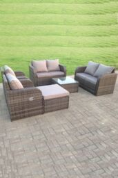 Fimous Rattan Garden Furniture Set Reclining Chair love Sofa Big footstool 7 Seater in Dark Grey - thumbnail 1