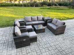 Fimous 9 Seater Garden Furniture Set Rattan Outdoor Lounge Sofa Chair With Tempered Glass Table 2 Small Footstools 2 Side Tables Dark Grey Mixed - thumbnail 1