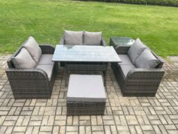 Fimous Wicker PE Rattan Sofa Outdoor Garden Furniture Set with Rectangular Dining Table Big Footstool Side Table Dark Grey Mixed - thumbnail 1