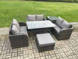 Fimous Wicker PE Rattan Sofa Outdoor Garden Furniture Set with Rectangular Dining Table Big Footstool Side Table Dark Grey Mixed - thumbnail 2