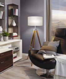 Loops Tripod Floor Lamp Light Wood Leg & Beige Fabric Shade 1 x 60W E27 Bulb - thumbnail 3