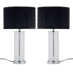 First Choice Lighting Set of 2 Aura - Chrome Table Lamps with Black Pleated Velvet Shades in Silver