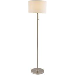 Happy Homewares Classic Brushed Satin Nickel Floor Lamp with Metal Pull Switch & Cotton Shade in Metallic Silver - thumbnail 1
