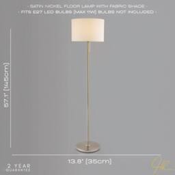 Happy Homewares Classic Brushed Satin Nickel Floor Lamp with Metal Pull Switch & Cotton Shade in Metallic Silver - thumbnail 6