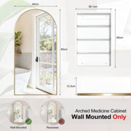 KEEPREAPER Arch Brushed Gold Bathroom Mirror Cabinet 40x80cm 3 Glass Shelves - Size: 40x80 cm - thumbnail 3