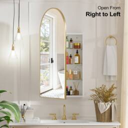 KEEPREAPER Arch Brushed Gold Bathroom Mirror Cabinet 40x80cm 3 Glass Shelves - Size: 40x80 cm - thumbnail 7