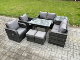 Fimous Wicker PE Rattan Garden Dining Set Outdoor Furniture Sofa with Rectangular Dining Table Side Table 2 Small Footstools in Dark Grey - thumbnail 1