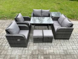 Fimous Wicker PE Rattan Garden Dining Set Outdoor Furniture Sofa with Rectangular Dining Table Side Table 2 Small Footstools in Dark Grey - thumbnail 2