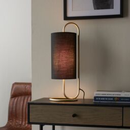 Loops Modern Antique Brass Oval Table Lamp Desk Light & Black Fabric Cylinder Shade - thumbnail 3