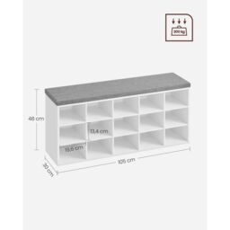 VASAGLE 15 Compartment Shoe Bench Storage Cabinet with Cushion Seat in White - thumbnail 3