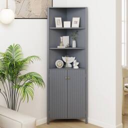 Costway Modern Corner Storage Cabinet w/ 5 Shelves Bathroom Tall Cabinet in Grey - thumbnail 5