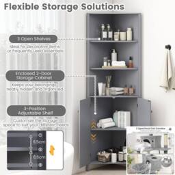 Costway Modern Corner Storage Cabinet w/ 5 Shelves Bathroom Tall Cabinet in Grey - thumbnail 3