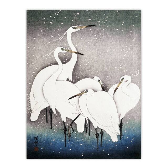 "Artery8 Group Of Egrets in Falling Snow Japan Wall Art Print Ohara Koson in Blue - Size: W12"" x H16""" - image 1