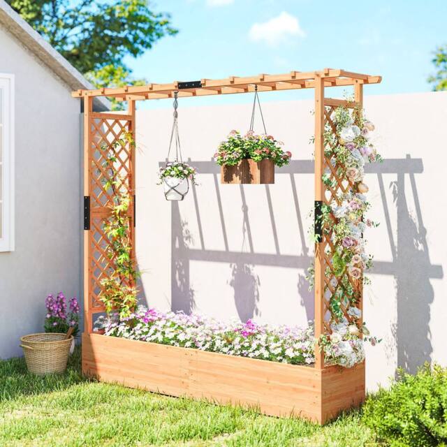 OUTSUNNY Raised Bed for Garden with Trellis, 196 x 44 x 181 cm, Natural - Size: 196 x 44 x 181 cm
