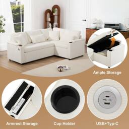 ModernLuxe Extendable sofa bed with pull out bed, storage & cup holders in Beige - thumbnail 7