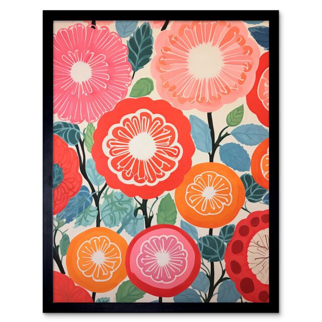 "Artery8 Wall Art Print Pomegranate Tree Flowers in Bloom Mediterranean Bright Floral Abstract Artwork Art Framed in Black - Size: W12"" x H16""" - image 1