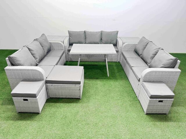 Fimous 12 Seat Outdoor PE Rattan Garden Furniture with 2 Side Tables 3 Stool in Light Grey - image 1