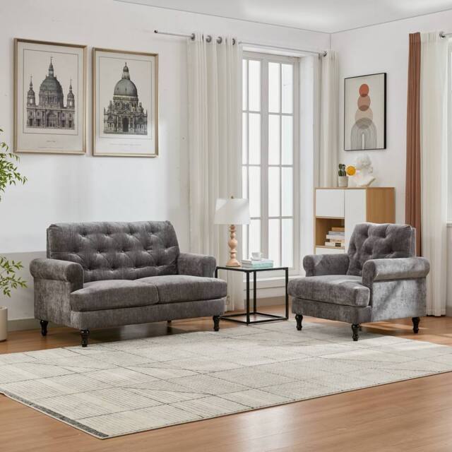 FURNITURE ONE Velvet Tufted Sofa Set, Gray Sectional Couch -1+2 Set in Grey - Size: 1 Pack - image 1